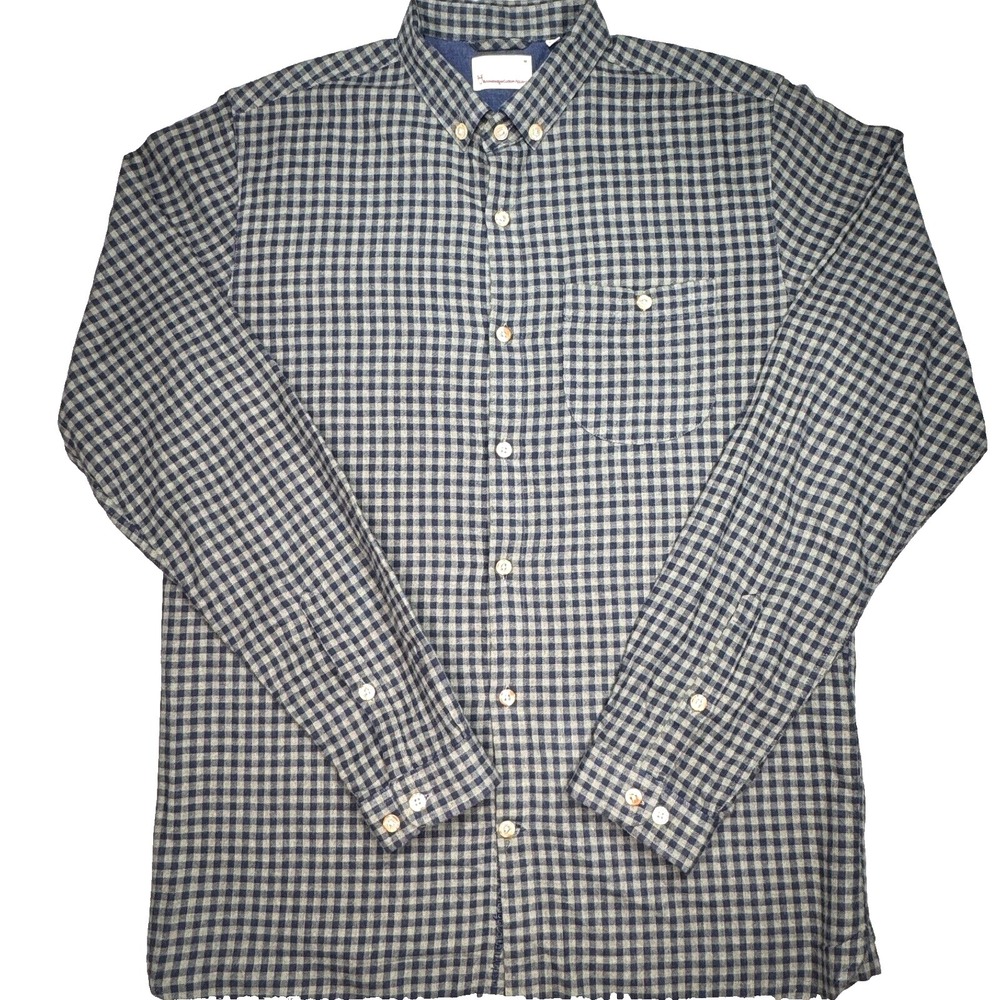 Knowledge Cotton Apparel Mens Shirt M Plaid Check Button Up Long Sleeve Green